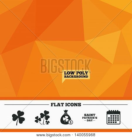 Triangular low poly orange background. Saint Patrick day icons. Money bag with clover and coin sign. Trefoil shamrock clover. Symbol of good luck. Calendar flat icon. Vector