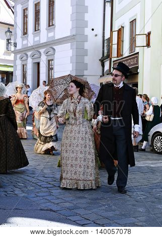 CESKY KRUMLOV, CZECH REPUBLIC - JUNE 18, 2016: Five-petalled Rose Festival on bystreet in Cesky Krumlov