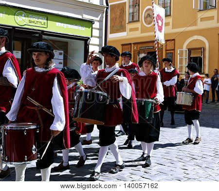 CESKY KRUMLOV, CZECH REPUBLIC - JUNE 18, 2016: Five-petalled Rose Festival on bystreet in Cesky Krumlov