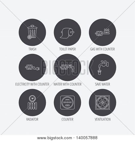 Ventilation, radiator and water counter icons. Toiler paper, gas and electricity counters linear signs. Trash icon. Linear icons in circle buttons. Flat web symbols. Vector