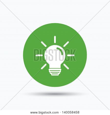 Light bulb icon. Lamp sign. Illumination technology symbol. Flat web button with icon on white background. Green round pressbutton with shadow. Vector
