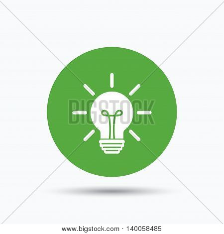 Light bulb icon. Lamp sign. Illumination technology symbol. Flat web button with icon on white background. Green round pressbutton with shadow. Vector