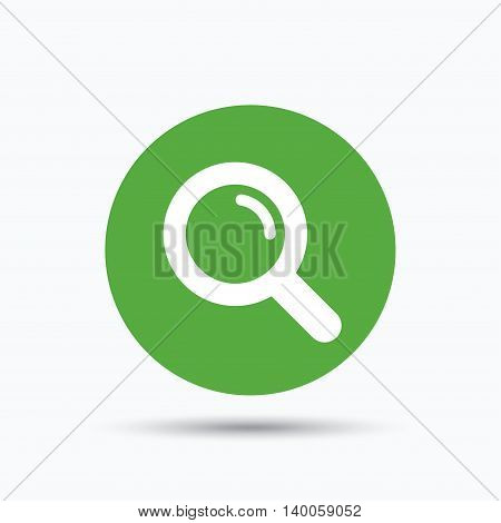 Magnifier icon. Search magnifying glass symbol. Flat web button with icon on white background. Green round pressbutton with shadow. Vector