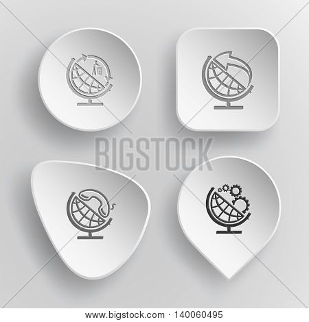 4 images: globe and recycling symbol, and arrow, and handset, and gears. School globe set. White concave buttons on gray background. Vector icons.