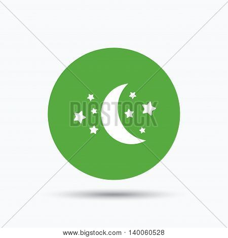 Moon and stars icon. Night sleep symbol. Flat web button with icon on white background. Green round pressbutton with shadow. Vector
