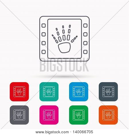 Hand X-ray icon. Human skeleton sign. Linear icons in squares on white background. Flat web symbols. Vector