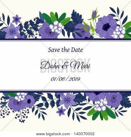 Cute wedding invitation to celebration on card with flowers decoration vector illustration. Wedding invintation card template. Flower leaf bunch. Wedding invintation. Flowers card. Layout of wedding invitation card. Flowers on frame. Wedding invintation