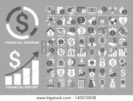Dollar Finances Flat Vector Icons with Captions. Style is named bicolor dark gray and white flat icons isolated on a silver background.