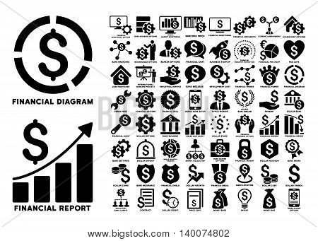 Dollar Finances Flat Vector Icons with Captions. Style is named black flat icons isolated on a white background.