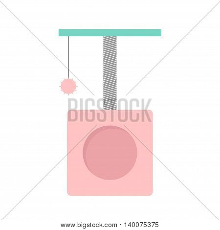 Scrathing rope post. Cat square house with hanging ball toy. Isolated. White background. Pink and blue color. Flat design. Vector illustration