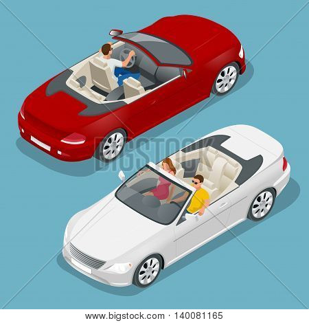 Cabriolet car isometric vector illustration. Flat 3d convertible image. Transport for summer travel. Sports car vehicle