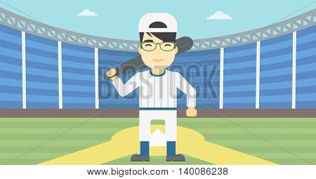 An asian young baseball player standing on a baseball stadium. Professional baseball player with a bat on his shoulder. Vector flat design illustration. Horizontal layout.