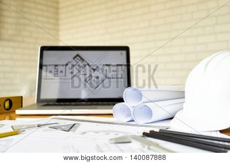 architect desk engineering concept architecture concept soft focus vintage tone