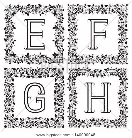 Vintage monograms set. E F G H outline letters in square floral frames.