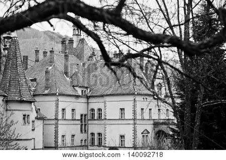 Schonborn Hunting Castle In Carpaty,transcarpathia,ukraine.  Built In 1890. Black And White Photo.