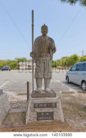 AKO JAPAN - JULY 18 2016: Statue of Takebayashi Tadashichi Takashige one of famous 47 ronins in the Oishi Shrine. Shrine is dedicated to 47 loyal samurais and is located on grounds of Ako Castle