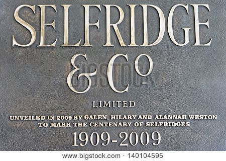 LONDON UK - JULY 1 2014: Selfridge department store plate on the store exterior in London.The only store to be named the Best Department Store in the World three times