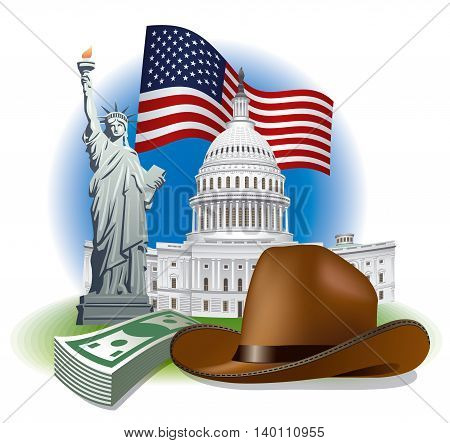 concept illiustration of usa landmarks and american symbols