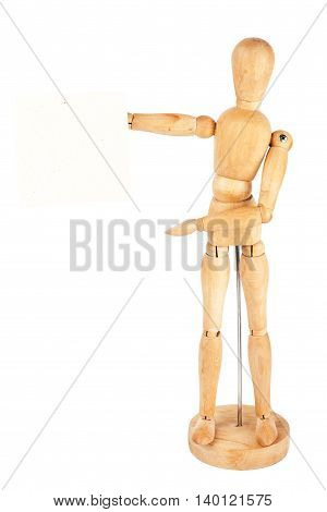 Wooden dummy holding handmade paper isolated on a white background