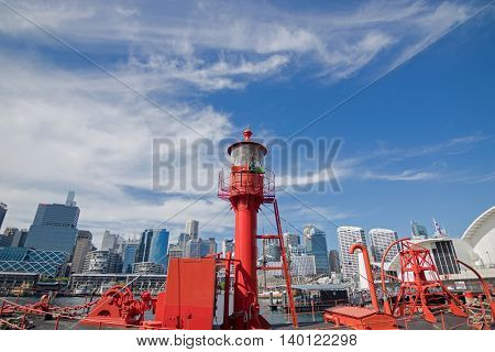SYDNEY, AUSTRALIA - APRIL, 2016 : Partial view of the Lightship Carpentaria moored in front of the Australian National Maritime Museum, Darling Harbour in Sydney, Australia on April 21, 2016. 