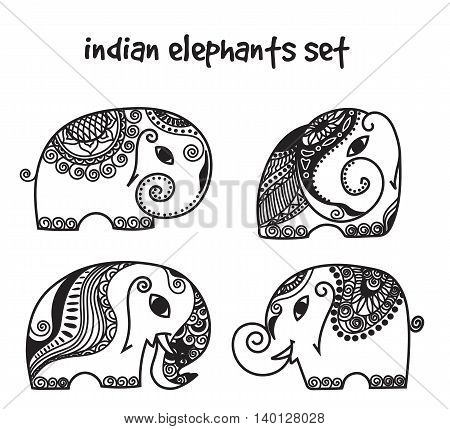 Vector indian elephants set. Stock mehndi set for design on white background.