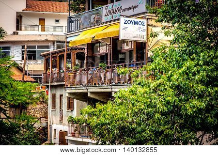 LARNACA CYPRUS - JUNE 3 2016: Restaurant in the popular tourist village of Kakopetria. Nicosia District Cyprus.
