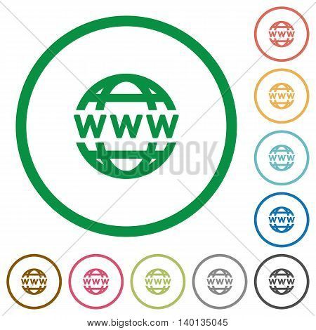 Set of WWW globe color round outlined flat icons on white background