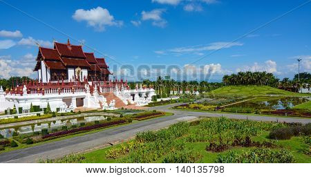 Chiang Mai, Thailand - July 22, 2016: Wide view of the grounds and pavilion at the Thai Royal Park Rajapruek.