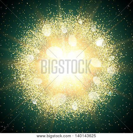 Abstract blue explosion with glittering elements. Burst of glowing star. Dust firework light effect. Sparkles splash powder background. Vector illustration.