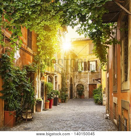 View of Old street in Trastevere in Rome Italy