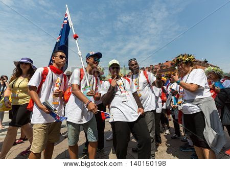 CRACOW POLAND - JULY 26 2016: World Youth Day 2016 - Pilgrims from Cook Island in the Sanctuary of Divine Mercy in Lagiewniki. Cracow Poland