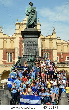 KRAKOW POLAND - JUL 27 2016: World youth day 2016.International Catholic youth Convention. Young people on Main Square in Krakow.