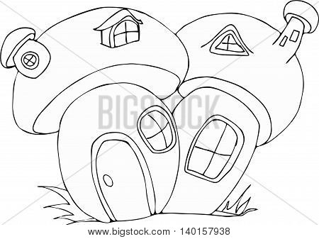 Vector cute fairy tale mushroom house doodle.Vector line illustration.Sketch for postcard, print or coloring adult book.Boho zen art style.