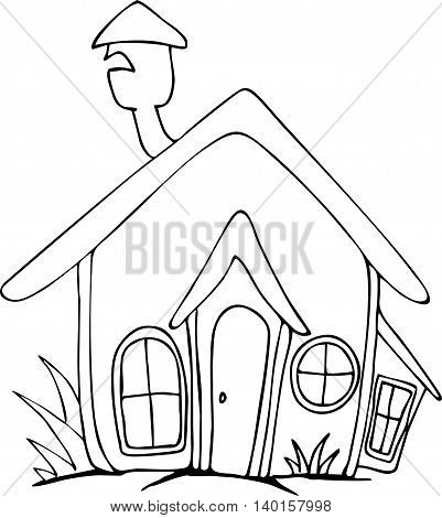 Vector cute fairy tale house doodle.Vector line illustration.Sketch for postcard, print or coloring adult book.Boho zen art style.