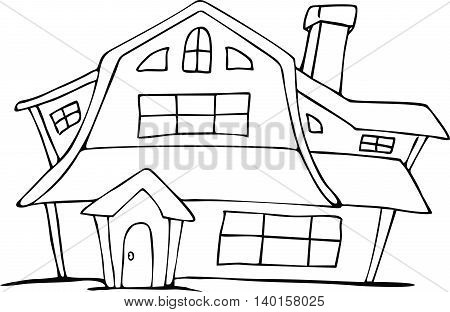 Vector cute fairy tale house doodle.Vector line illustration.Sketch for postcard, print or coloring adult book.Boho zen art style.