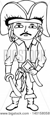 freehand drawn black and white cartoon pirate captain
