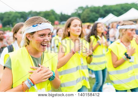 Poznan POLAND - JULY 24 2016: pilgrims praying dancing and singing during Days In Dioceses just before The World Youth Day in Krakow; WYD is a meeting of youth from all over the world