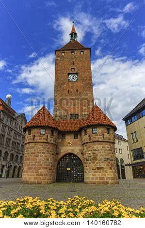 The white tower, Weisser Turm, in Nuremberg by day, Bavaria, Germany