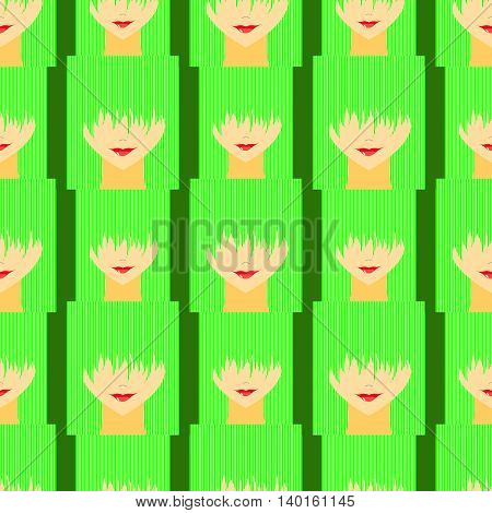 Colorful stylized girl with face covered long bangs. Noface woman seamless pattern.
