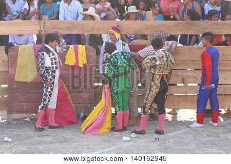 Magdalena Cajamarca Peru - July 23 2016: Matadors wait for bullfight to begin in Magdalena Cajamarca Peru on July 23 2016