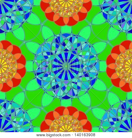 Multicolor faceted fractal diamond seamless pattern on green background