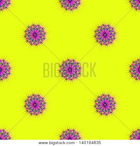 Abstract seamless pattern with bright multibeam fractal mandala on a yellow background