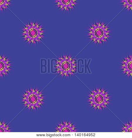 Abstract seamless pattern with bright multibeam fractal mandala on a deep purple background