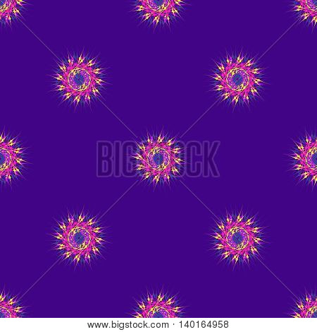 Abstract seamless pattern with bright multibeam fractal mandala on a deep violet background