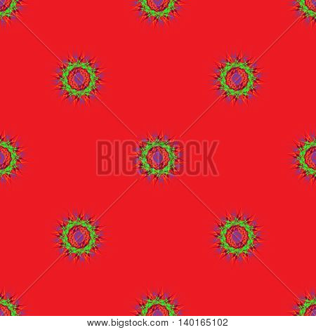 Abstract seamless pattern with bright multibeam fractal mandala on a red background