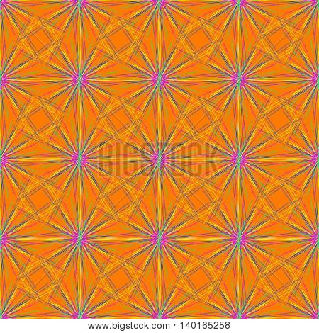 Abstract seamless pattern with multibeam furry fractal star on a deep orange background.