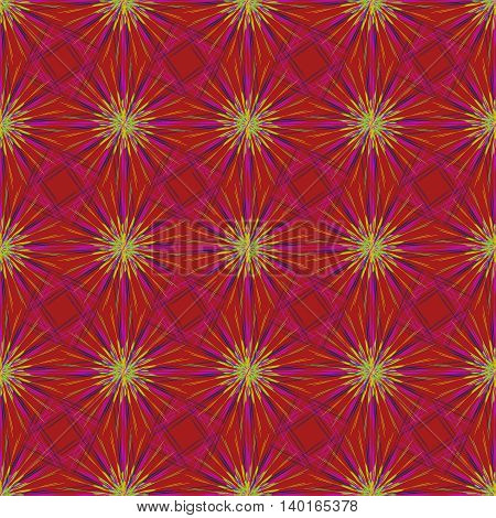Abstract seamless pattern with multibeam furry fractal star on a dark red background.