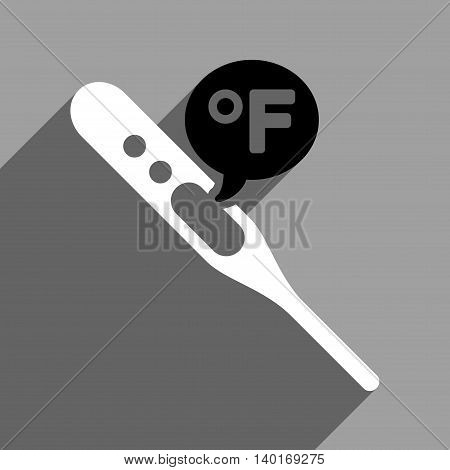 Fahrenheit Temperature long shadow vector icon. Style is a flat fahrenheit temperature black and white iconic symbol on a gray square background.