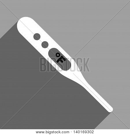 Fahrenheit Thermometer long shadow vector icon. Style is a flat fahrenheit thermometer black and white iconic symbol on a gray square background.