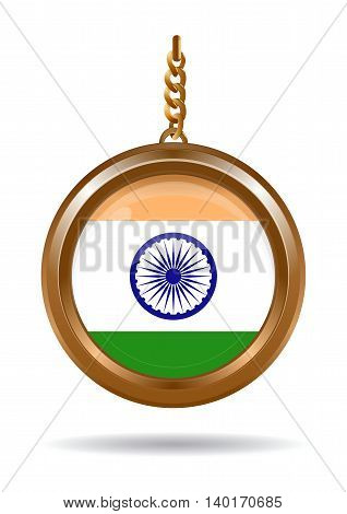 Gold medallion on a chain with an Indian flag inside. Vector illustration isolated on white background